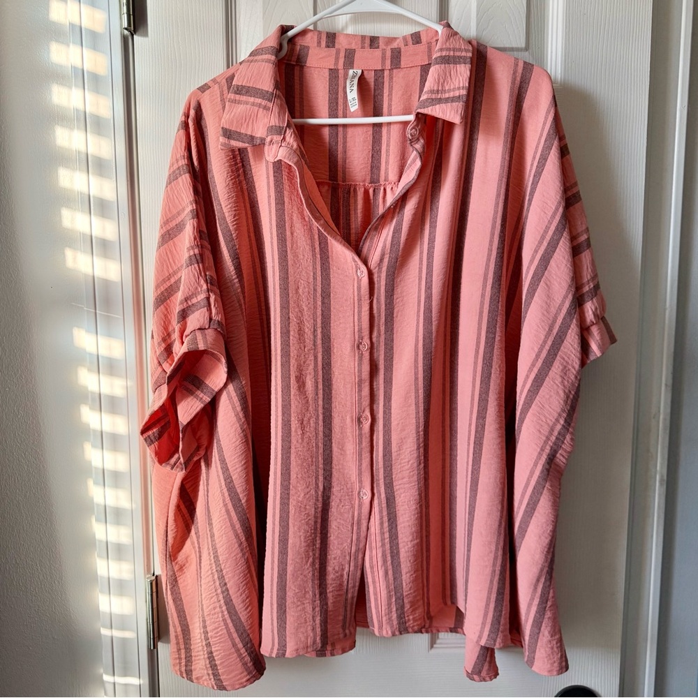 Zenana Striped Coral Button-Up Women's Top - L/XL
